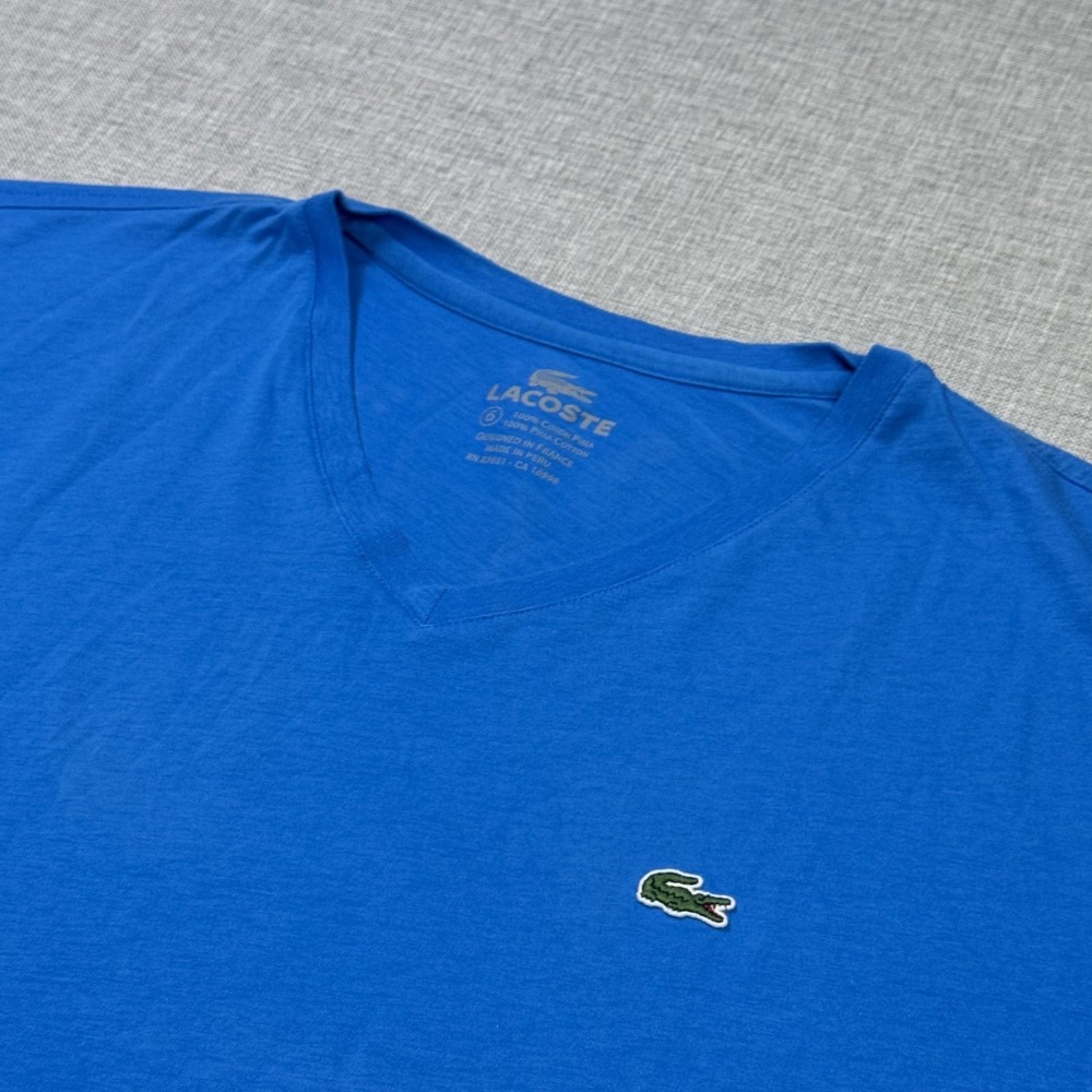 Lacoste V-Neck T-Shirt Mens XL (6) Blue Pima Cotton Tagless Logo Short Sleeve